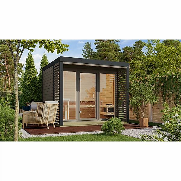 Karibu Saunahaus Seros 3 Terragrau/Anthrazit mit Ofen 9 kW Bio Ext. Strg. günstig online kaufen