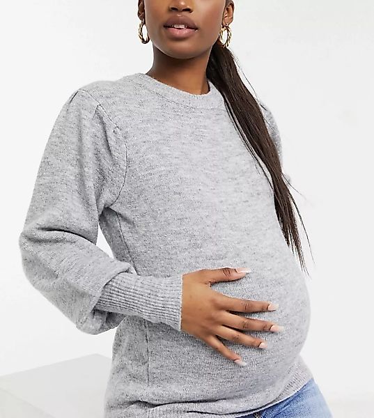 Pieces Maternity – Pullover mit Puffärmeln in Hellgrau günstig online kaufen