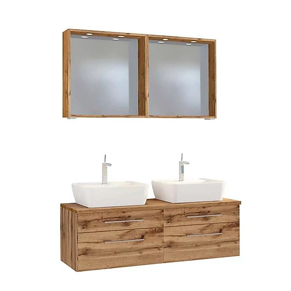 Waschplatz Set mit Doppelwachtisch 2 LED Spiegeln (dreiteilig) günstig online kaufen