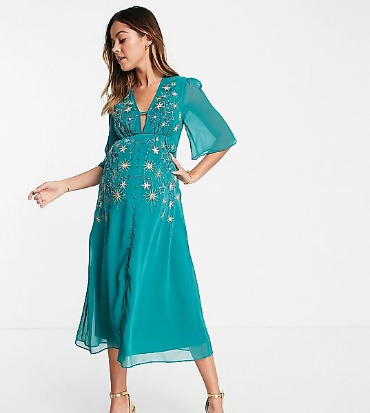 Hope & Ivy Maternity – Verziertes Midi-Freizeitkleid in Smaragdgrün mit Ste günstig online kaufen