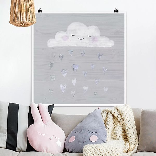 Poster Kinderzimmer - Quadrat Wolke mit silbernen Herzen günstig online kaufen