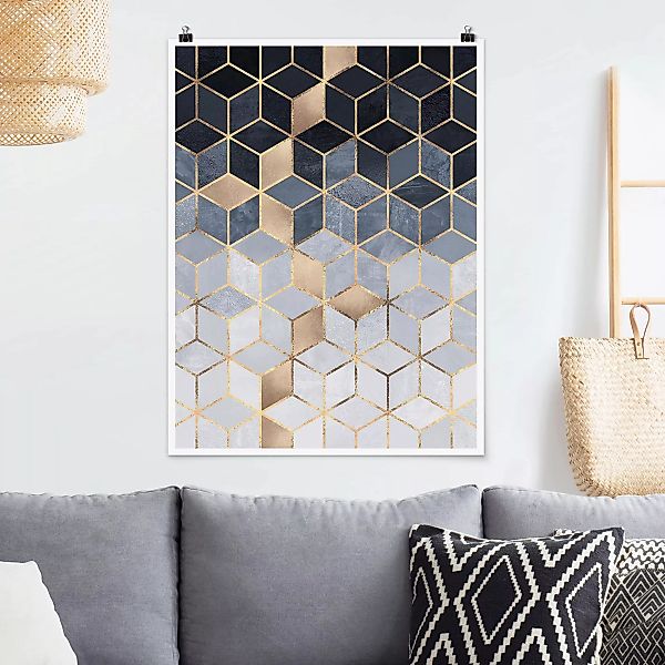 Poster Kunstdruck - Hochformat Blau Weiß goldene Geometrie günstig online kaufen