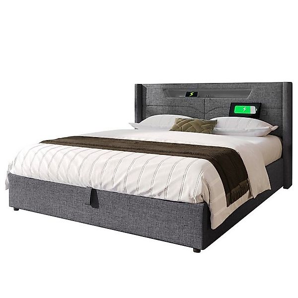 Gotagee Polsterbett LED Doppelbett Ladefunktion Stauraumbett 160x200cm Grau günstig online kaufen