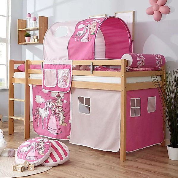 Prinzessinnen Bett aus Buche Massivholz Webstoff in Rosa und Pink günstig online kaufen