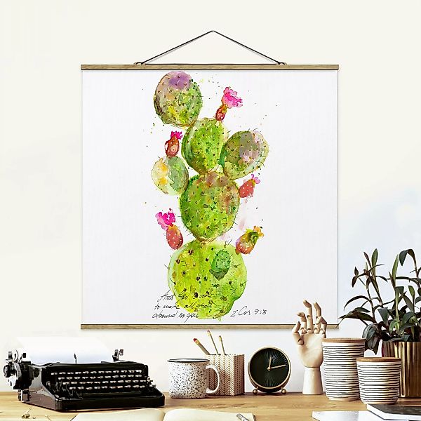 Stoffbild Blumen mit Posterleisten - Quadrat Kaktus mit Bibelvers III günstig online kaufen