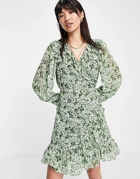 & Other Stories – Mini-Wickelkleid mit Puffärmeln in Grün geblümt günstig online kaufen