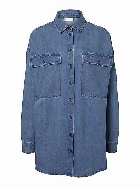 Noisy May – Oversize-Hemdjacke aus Denim in Mittelblau-Schwarz günstig online kaufen