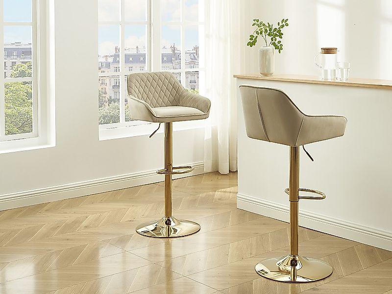 2er Set Barhocker - Samt & Metall in Gold - Höhenverstellbar - Beige - TAVO günstig online kaufen