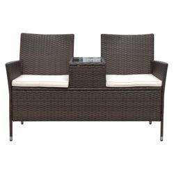 Outsunny Polyrattan Sitzbank 2-Sitzer mit Tisch Gartenbank Stahlrahmen Brau günstig online kaufen