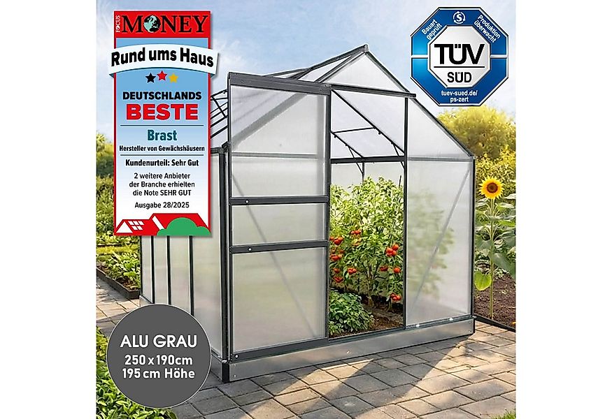 BRAST Gewächshaus ALU mit Fundament rostfrei 250x190x195cm TÜV geprüft, BxT günstig online kaufen