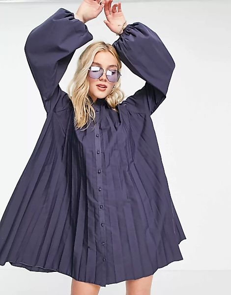 ASOS DESIGN – Trapezförmiges, plissiertes Minihemdkleid aus Baumwollpopelin günstig online kaufen