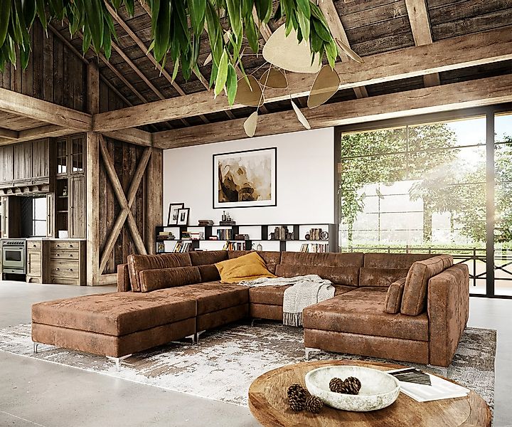 DELIFE Wohnlandschaft Elio, Lederimitat Vintage Braun Antik 300x185 cm mit günstig online kaufen