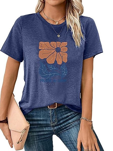PYL Rundhalsshirt Damen bequemes Sommer Kurzarmbluse Locker Ausgefallene Pr günstig online kaufen