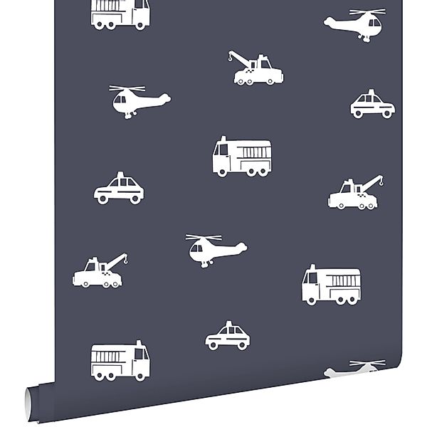 ESTAhome Tapete Autos Löschfahrzeuge Hubschrauber und Kräne Dunkelblau 53 c günstig online kaufen