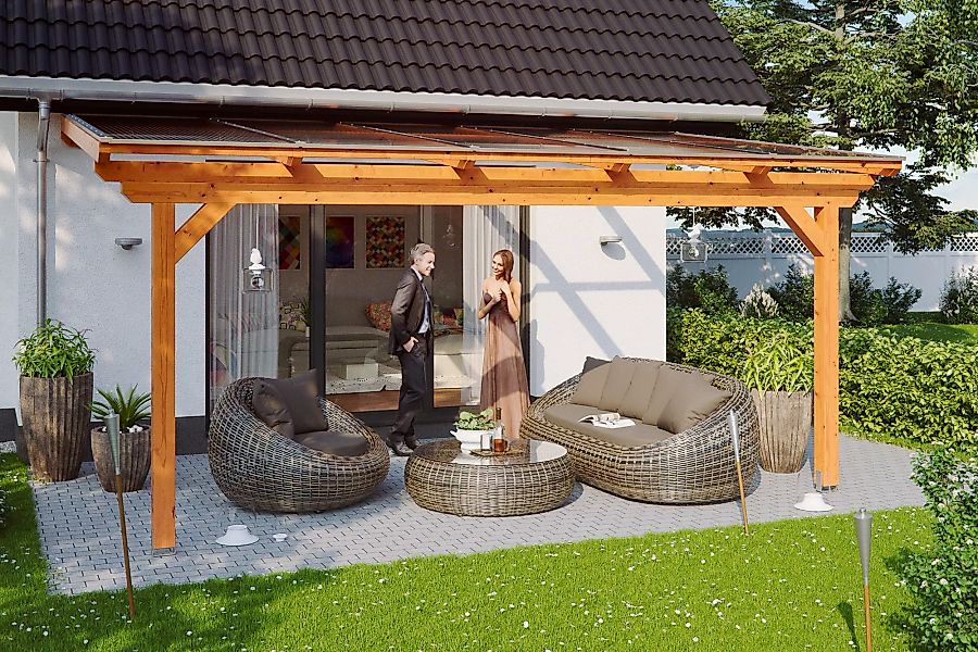 Skan Holz Terrassenüberdachung Ancona 541 x 400 cm Leimholz Nussbaum günstig online kaufen