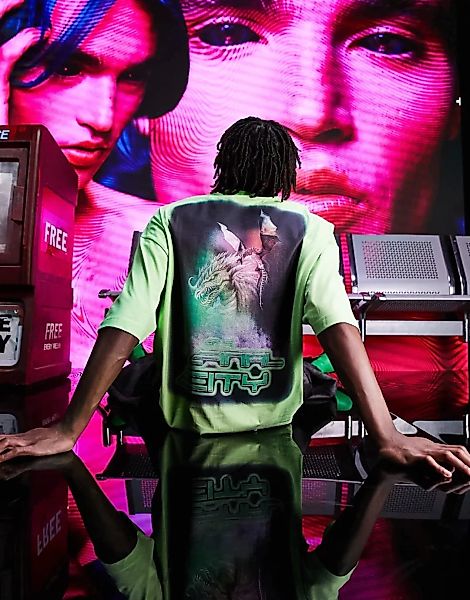 ASOS DESIGN – Übergroßes T-Shirt in Neongrün mit Rückenprint günstig online kaufen