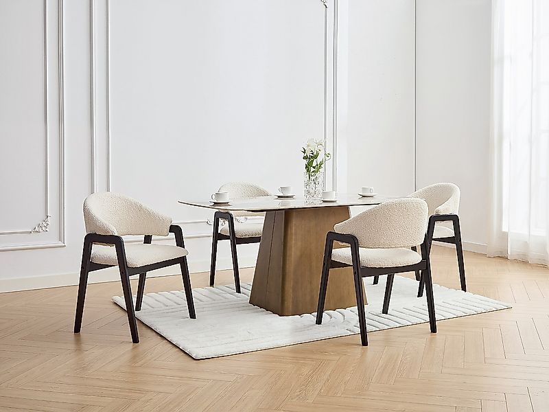 Stuhl mit Armlehnen 6er-Set - Bouclé-Stoff & Kautschukholz - Weiß & Schwarz günstig online kaufen