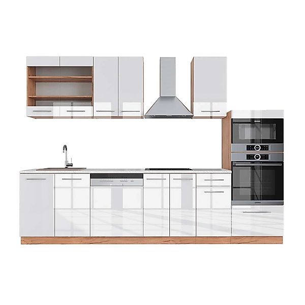 Vicco Fame-Line Küchenzeile Weiß Hochglanz/Goldkraft Eiche 300 cm mit Hochs günstig online kaufen