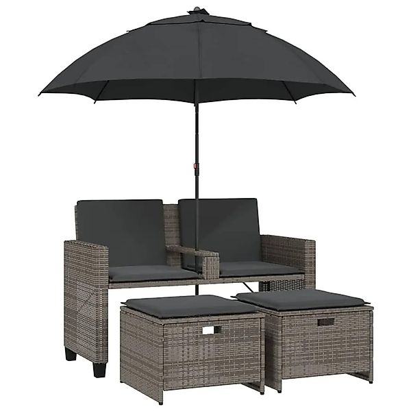 vidaXL Gartensofa 2-Sitzer Sonnenschirm und Hocker Grau Poly Rattan 365885 günstig online kaufen