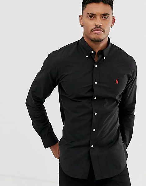 Polo Ralph Lauren – Schmales, schwarzes Popeline-Hemd mit Button-down-Krage günstig online kaufen