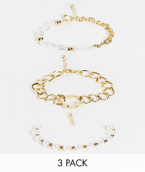 ASOS DESIGN – 3er-Pack Kettenarmbänder mit Perlen und Herz in Gold-Goldfarb günstig online kaufen