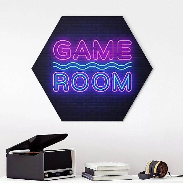 Hexagon-Alu-Dibond Bild Neon Schrift Game Room günstig online kaufen