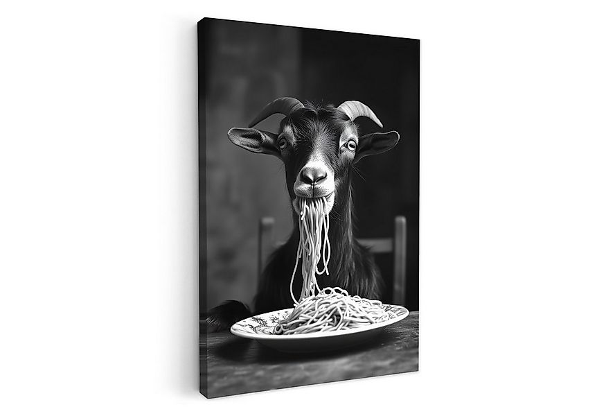 OneMillionCanvasses® Leinwandbild Ziege - Teller - Spaghetti - Schwarz und günstig online kaufen