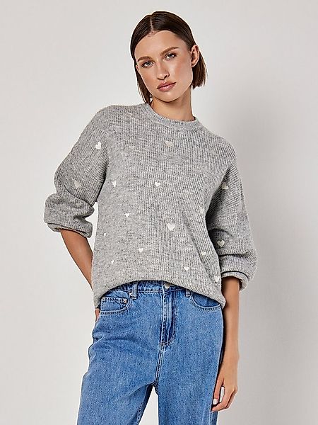 Apricot Rundhalspullover Strickpullover mit aufgestickten Herzen günstig online kaufen