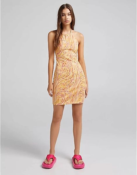 Bershka – Neckholder-Kleid mit Retro-Print in Orange günstig online kaufen