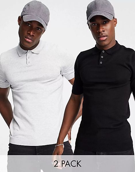 ASOS DESIGN – Gestricktes Muskel-T-Shirt mit Polo-Kragen in Grau und Schwar günstig online kaufen
