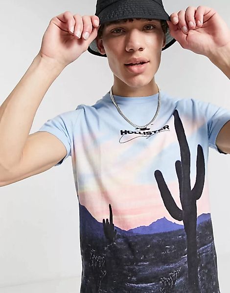 Hollister – T-Shirt mit mittigem Logo-Schriftzug und Sonnenuntergangsprint günstig online kaufen