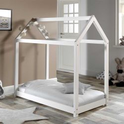 Kinderzimmerbett Hausform in Weiß Kiefer Massivholz günstig online kaufen