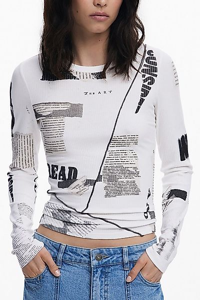 Desigual T-Shirt Weißes Damen Langarmshirt mit Zeitungsdruck und günstig online kaufen
