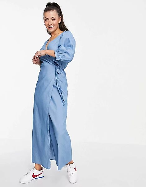 Vila – Wickelkleid aus Jeansstoff mit V-Ausschnitt und Puffärmeln in Blau günstig online kaufen