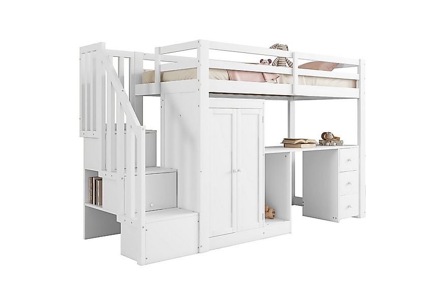SOFTWEARY Hochbett mit Lattenrost und Kleiderschrank (90x200 cm) Einzelbett günstig online kaufen