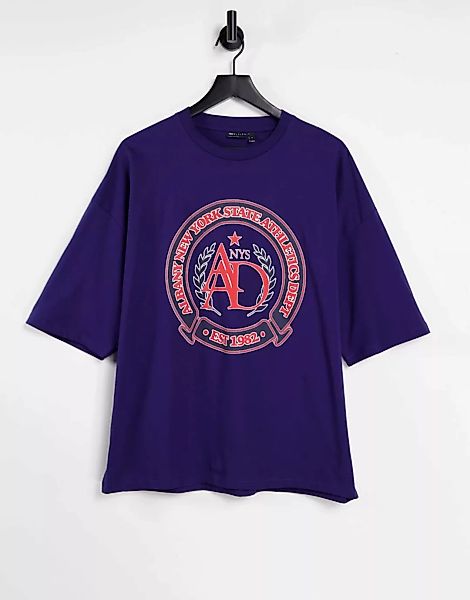 ASOS DESIGN – Oversize-T-Shirt in Blau mit Collegeprint-Lila günstig online kaufen