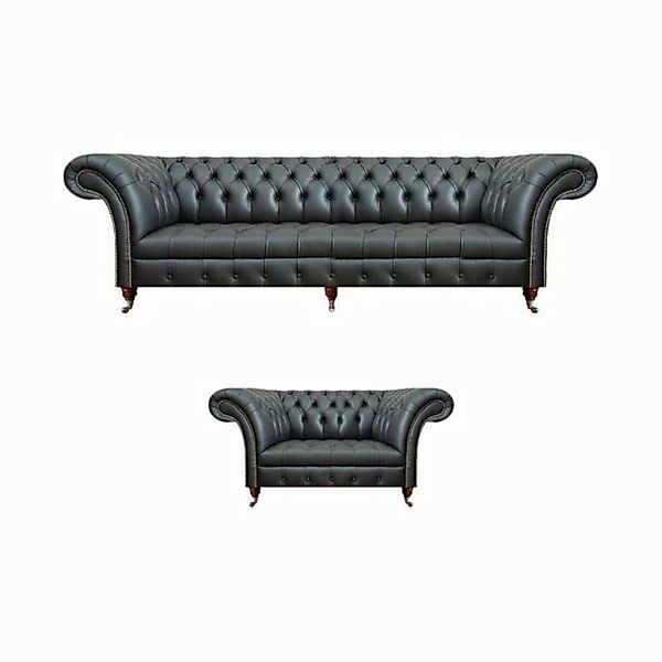 JVmoebel Chesterfield-Sofa Schwarz Leder Sofa Komplett Sessel Wohnzimmer 2t günstig online kaufen