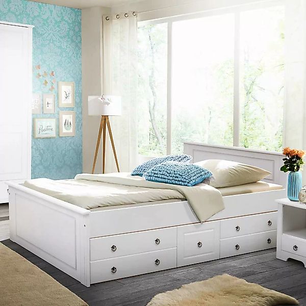Bett mit optionalen Schubladen aus Kiefer Massivholz Weiß günstig online kaufen