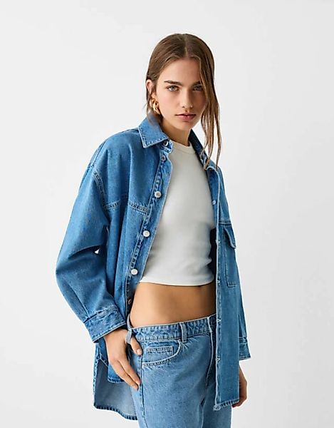 Bershka Oversize-Jeanshemd Mit Langen Ärmeln Damen M-L Ausgewaschenes Blau günstig online kaufen