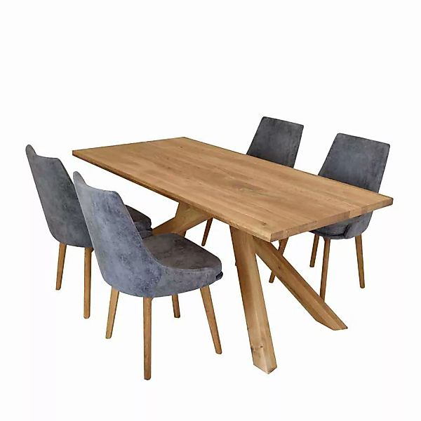 Esstisch mit Stühlen aus Wildeiche Massivholz Grau Microfaser (fünfteilig) günstig online kaufen