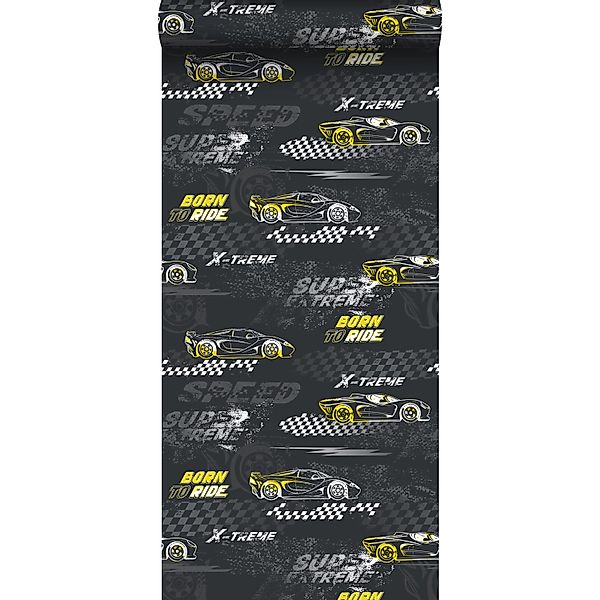 Sanders & Sanders Tapete Rennwagen Gelb und Schwarz-Weiß 50 x 900 cm günstig online kaufen