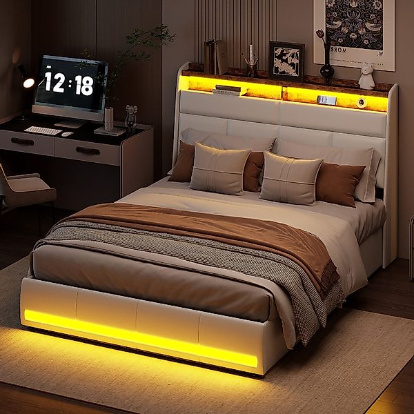 PXloue Stauraumbett Polsterbett Doppelbett, mit LED-Beleuchtung günstig online kaufen