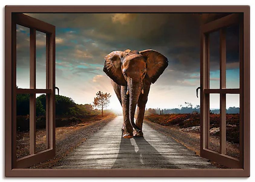 Artland Leinwandbild »Elefant auf Straße - braunes Fenster« Fensterblick 1 günstig online kaufen