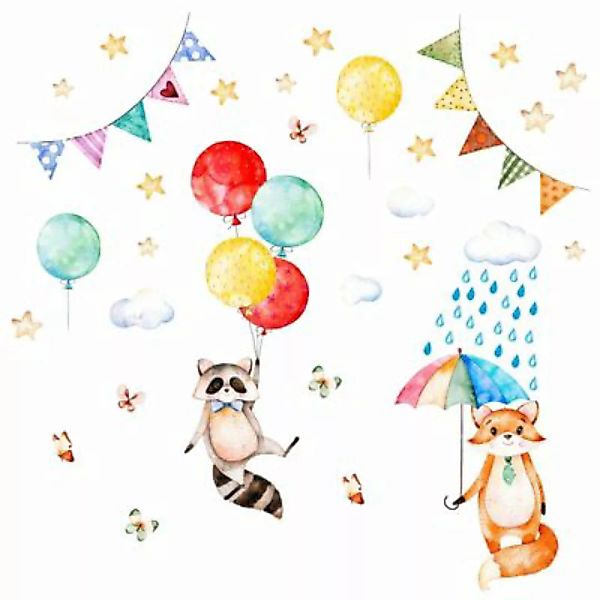 Wandtattoo 075 Wandtattoo Waschbär Fuchs Luftballon Regenschirm Wolken bunt günstig online kaufen