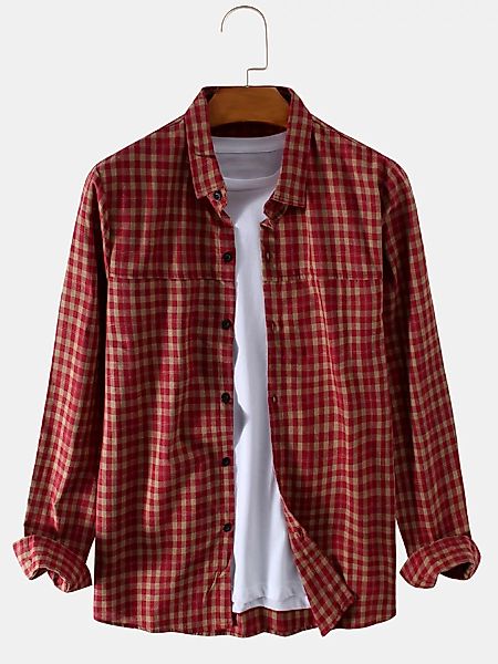 Herren Baumwolle Plaid Langarm Loose Casual Shirt günstig online kaufen