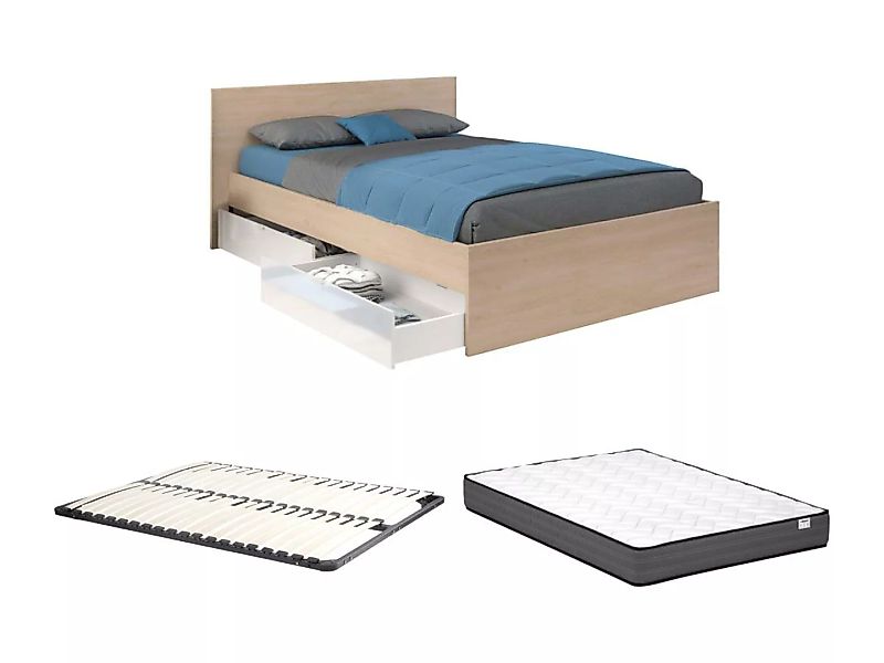 Bett mit 2 Schubladen 140 x 190 cm + Lattenrost + Matratze - Holzfarben & g günstig online kaufen