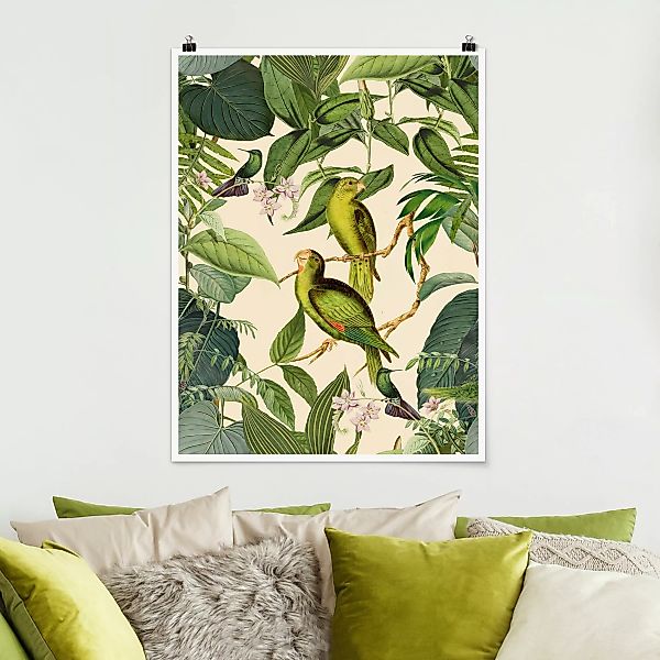 Poster Vintage Collage - Papageien im Dschungel günstig online kaufen