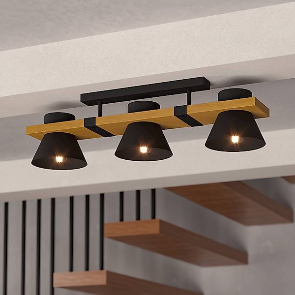 Deckenleuchte Maccles in Schwarz mit Holz, 3-fl. günstig online kaufen