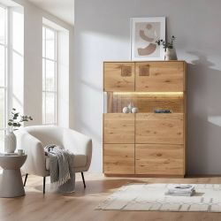 Wohnzimmer Highboard massiv in Wildeichefarben Glastüren günstig online kaufen