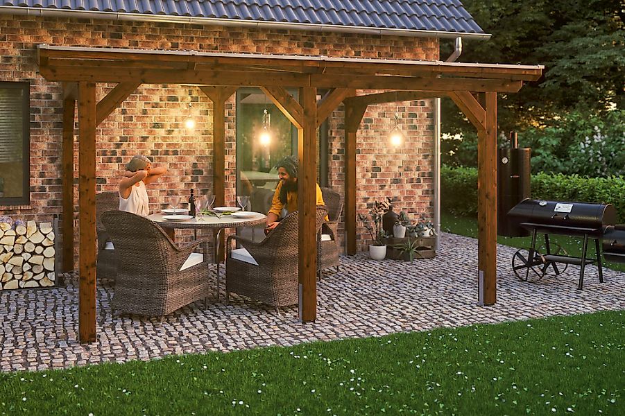 Skan Holz Terrassenüberdachung Siena 434 x 250 cm Leimholz Nussbaum günstig online kaufen